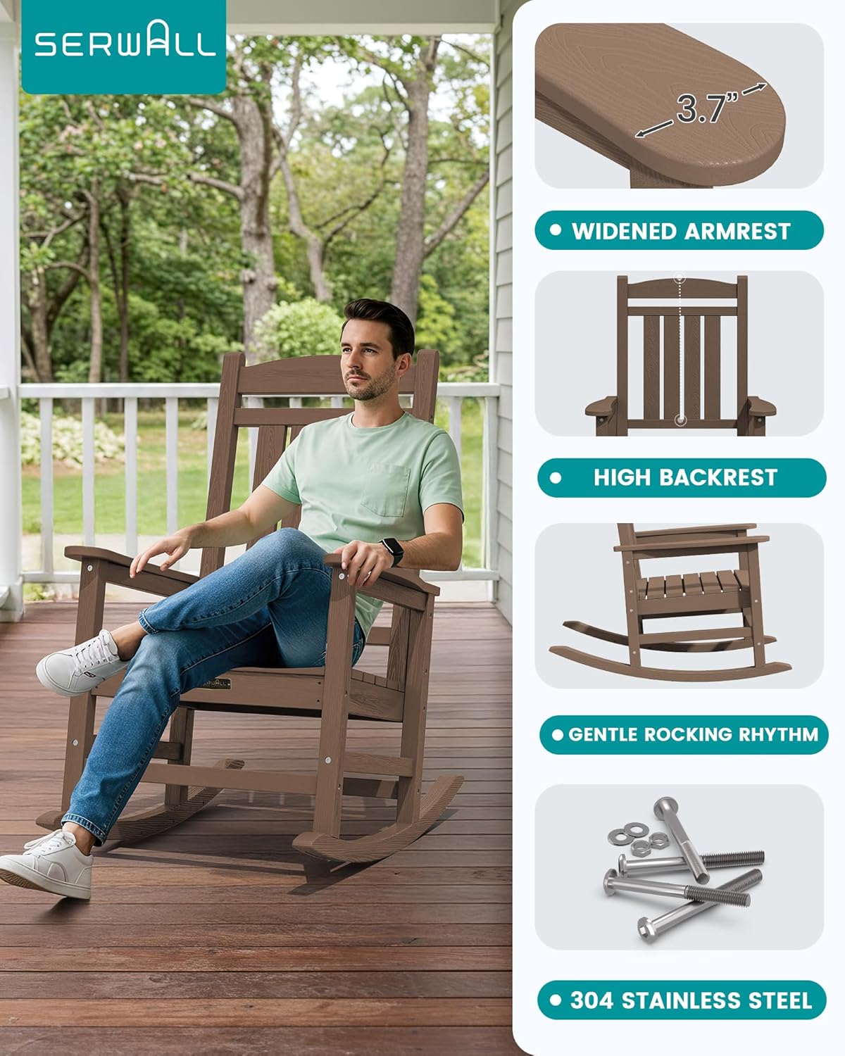 SERWALL Outdoor Rocking Chair, HDPE Patio Rocking Chair All-Weather Porch Rocker for Balcony, Yard, Brown