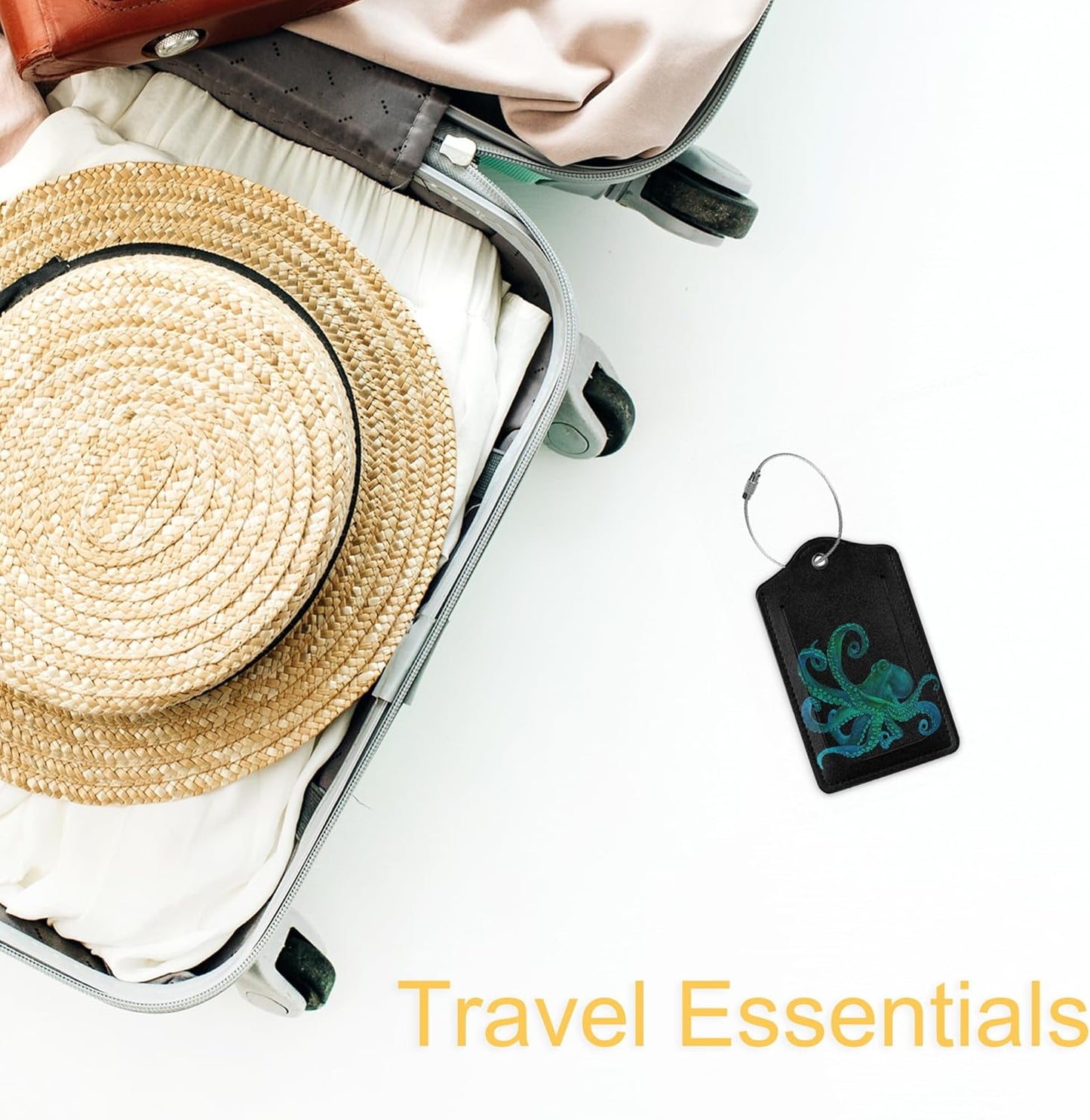 2 Pack PU Leahter Luggage Tag with Stainless Steel Loop,Green Octopus Luggage Tag Travel Suitcase Labels with Privacy Cover ID Label Quickly Spot for Bags & Baggage