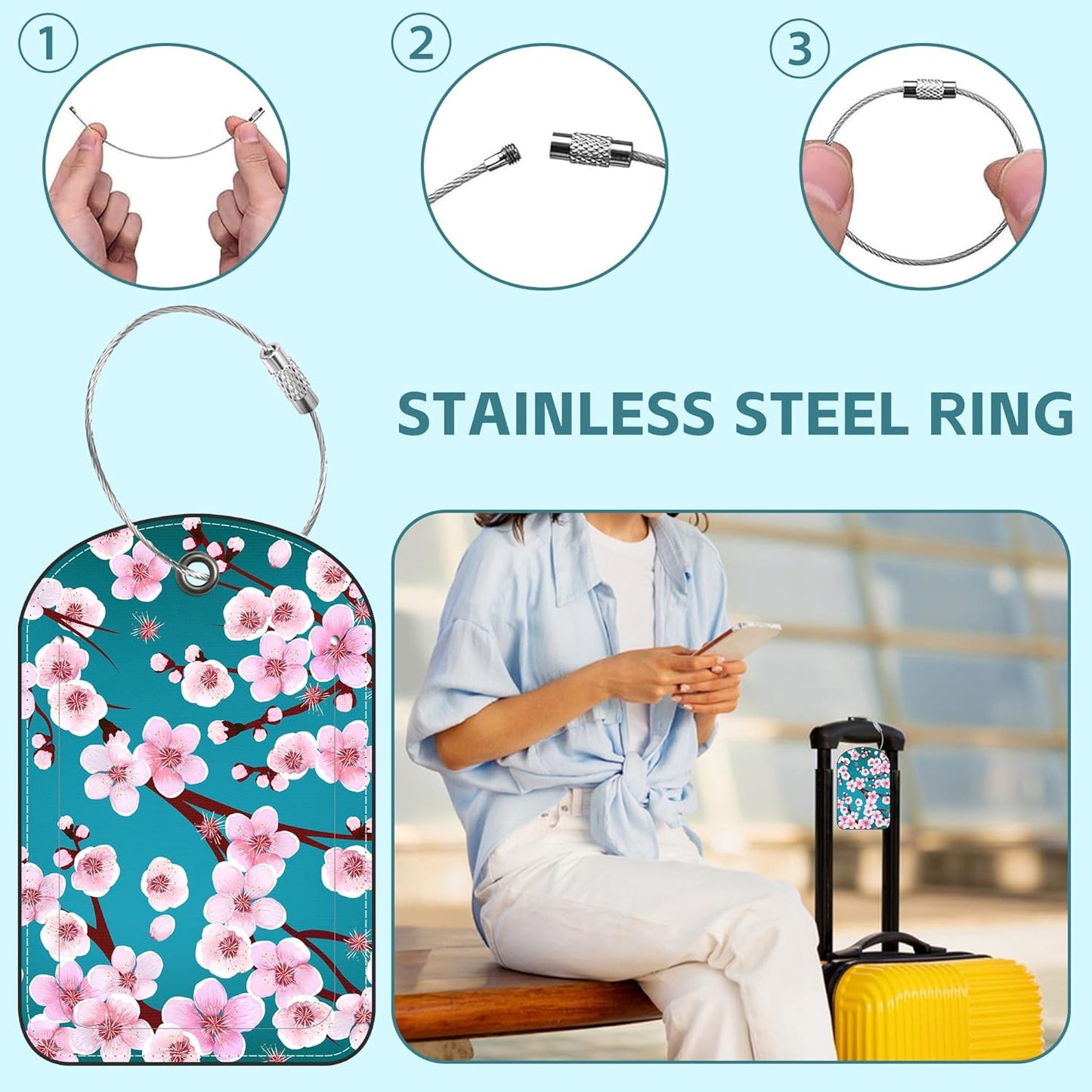 Blossoming Almond Tree Luggage Tag for Suitcase Set of 2 PU Leather Cute Luggage Tags with Stainless Metal Loop ID Label Privacy Flap Suitcase Tags for Women and Men Travel