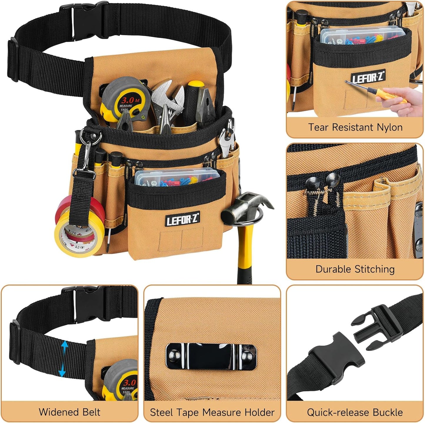 Tool Belt,Magnetic Tool Pouch,14-Pockets Tool Belts for Men,Detachable & Adjustable Tool Pouch Belt for Electrician,Carpenter,Construction,Work Apron,Utility Belt,Black-Brown