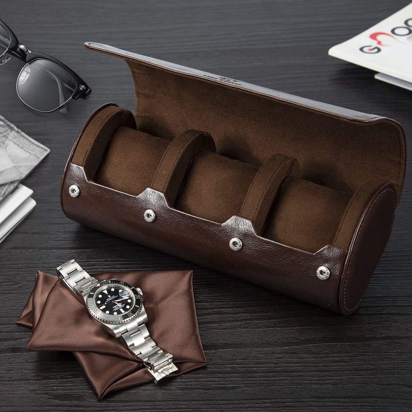Watch Roll Travel Case: 3 Slot Watch Box Organizer for Men - Watch Storage and Display Case - Watch accessory Fits All Wrist Watches & Smart Watches Up to 50mm (Dark Brown)