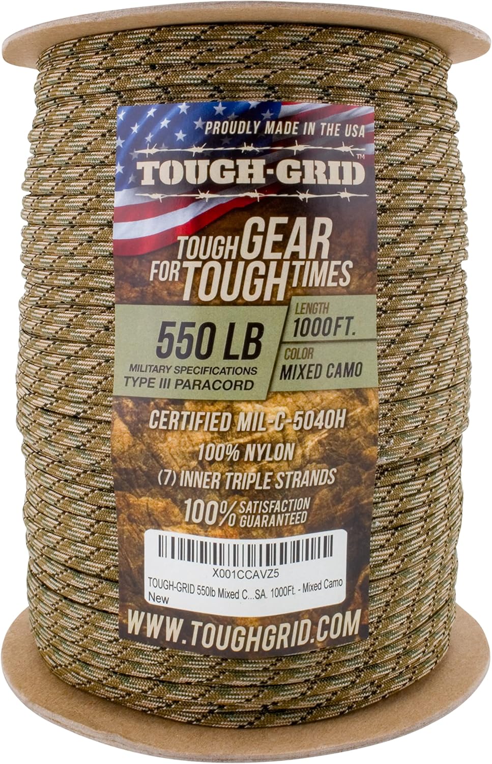 TOUGH-GRID 550 Paracord Rope Nylon Parachute Cord, Made in USA Survival Kit, Outdoor Adventures, Camping, Tactical Gear & Emergency Supplies, Military Type III Mil-Spec