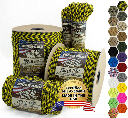 TOUGH-GRID 750 Paracord Rope Nylon Parachute Cord, Made in USA Survival Kit, Outdoor Adventures, Camping, Tactical Gear & Emergency Supplies, Military Type IV Mil-Spec