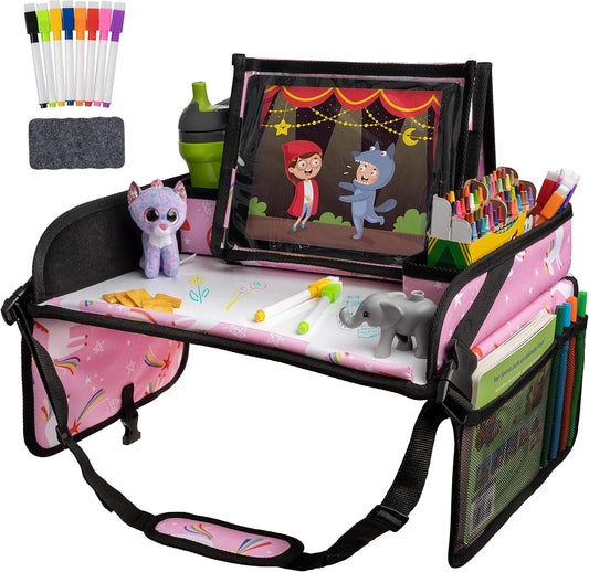 Lusso Gear Pink Unicorn Kids Travel Tray for Toddlers - Car Seat Table Tray and Car Desk for Kids - Airplane and Road Trip Activities