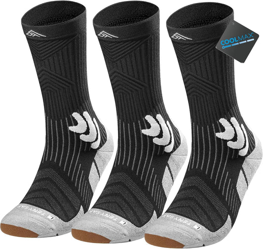 Men's Compression Running Socks: Coolmax Athletic Crew Socks Moisture Wicking Anti-Blister Cushion for Hiking 3 Pairs