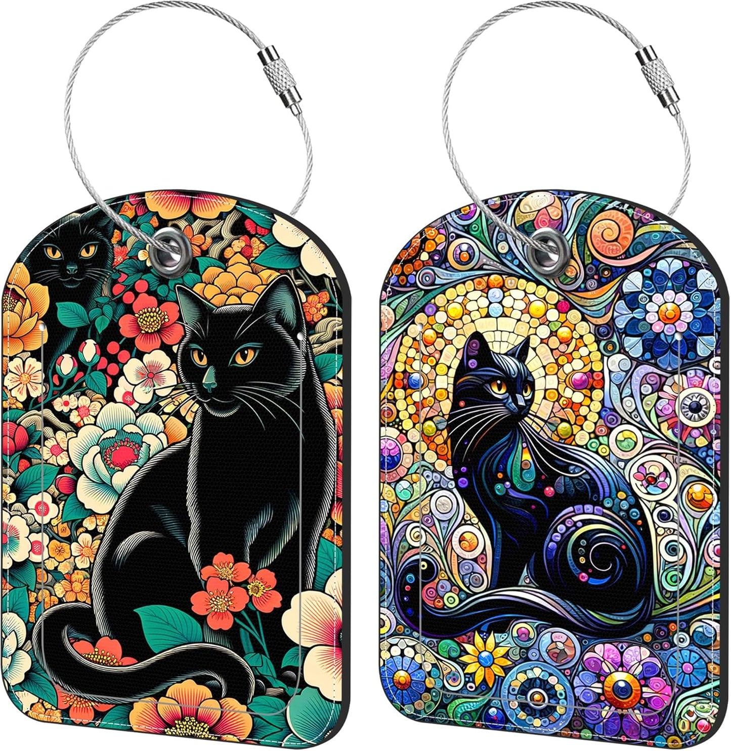 Black Cat and Flower Luggage Tag for Suitcase Set of 2 PU Leather Cute Luggage Tags with Stainless Metal Loop ID Label Privacy Flap Suitcase Tags for Women and Men Travel