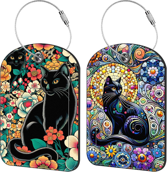 Black Cat and Flower Luggage Tag for Suitcase Set of 2 PU Leather Cute Luggage Tags with Stainless Metal Loop ID Label Privacy Flap Suitcase Tags for Women and Men Travel