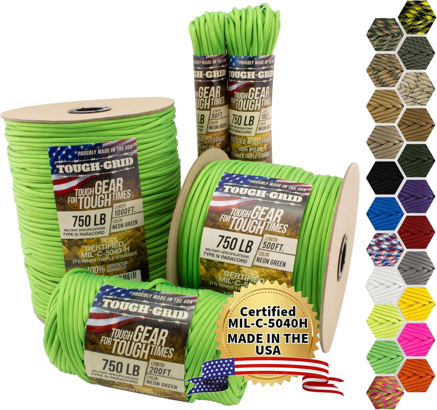 TOUGH-GRID 750 Paracord Rope Nylon Parachute Cord, Made in USA Survival Kit, Outdoor Adventures, Camping, Tactical Gear & Emergency Supplies, Military Type IV Mil-Spec