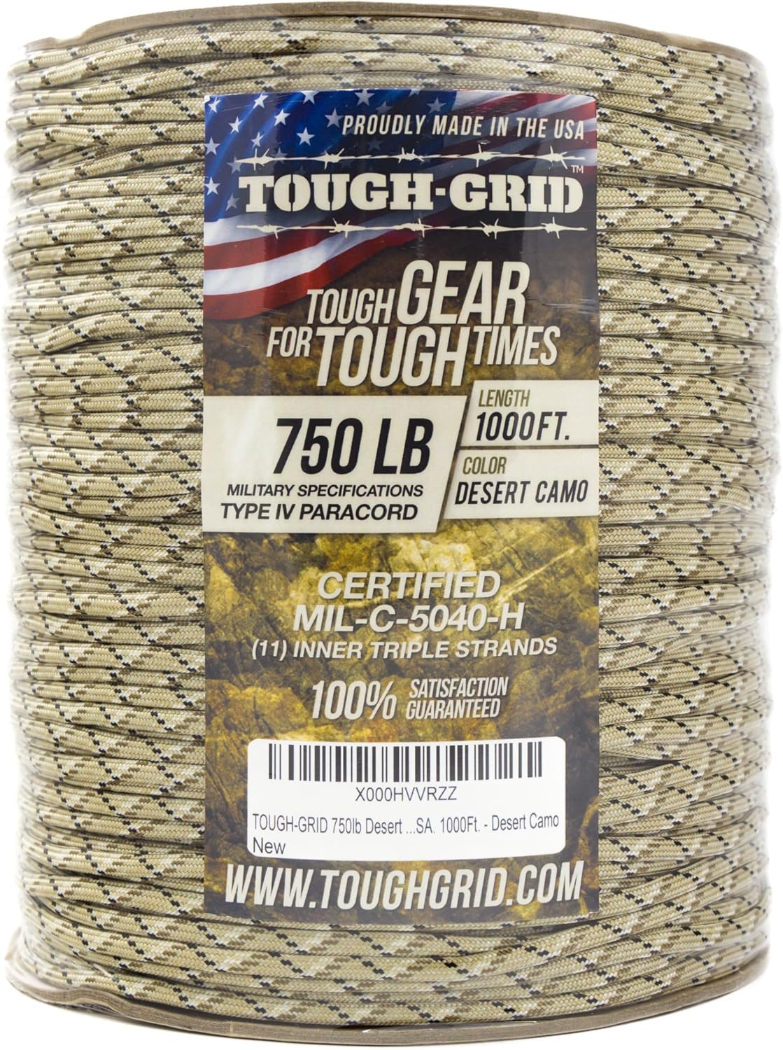 TOUGH-GRID 750 Paracord Rope Nylon Parachute Cord, Made in USA Survival Kit, Outdoor Adventures, Camping, Tactical Gear & Emergency Supplies, Military Type IV Mil-Spec