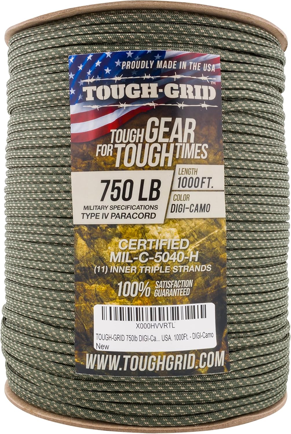 TOUGH-GRID 750 Paracord Rope Nylon Parachute Cord, Made in USA Survival Kit, Outdoor Adventures, Camping, Tactical Gear & Emergency Supplies, Military Type IV Mil-Spec