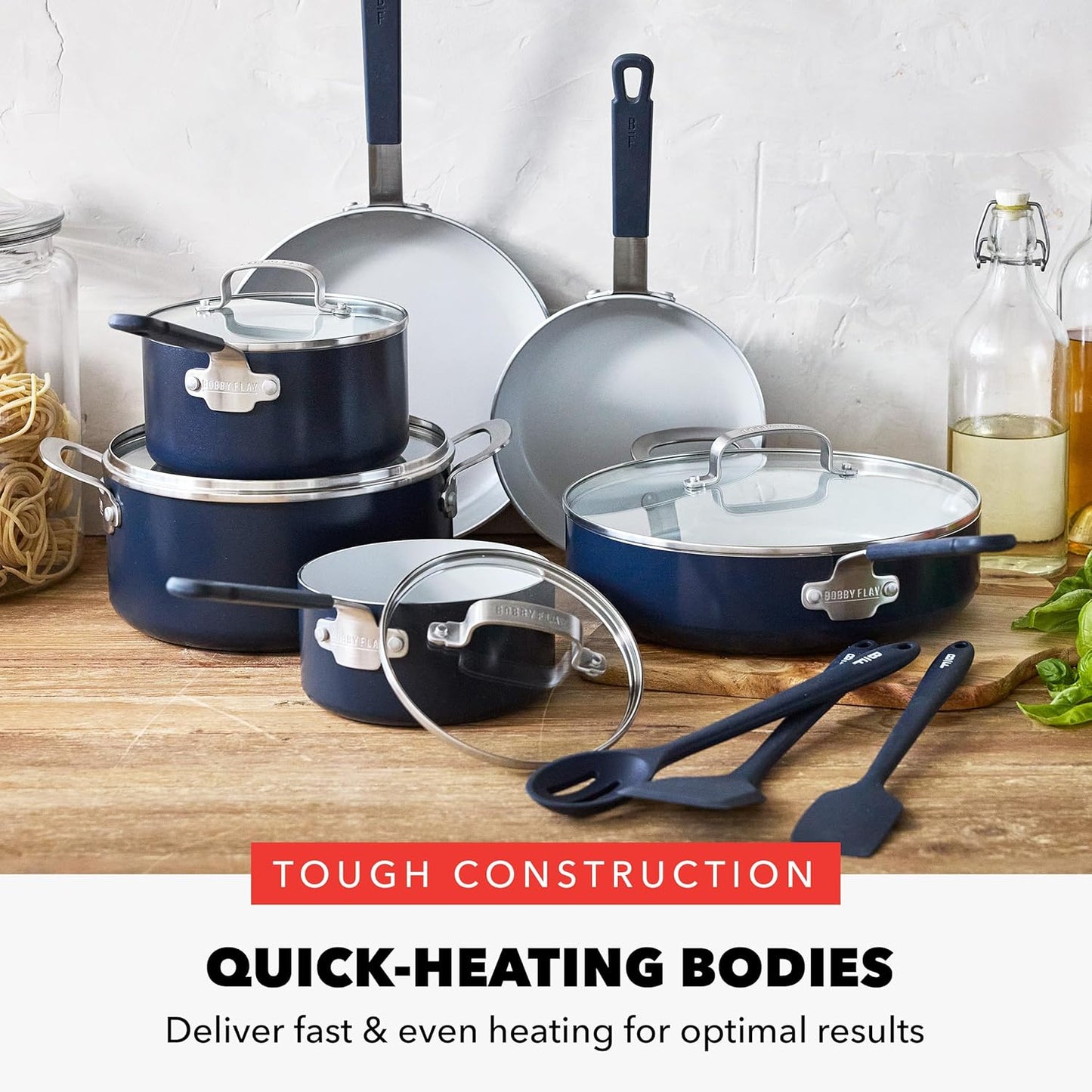 GreenPan x Bobby Flay 13 Piece Nonstick Cookware Pots and Pans Set, PFAS-Free Diamond Ceramic, Induction Suitable, Easy Clean Dishwasher & Oven Safe, Stay-Cool Silicone Handles, Glass Lids, Navy Blue