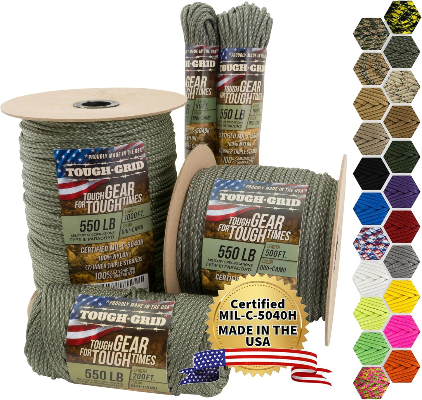 TOUGH-GRID 550 Paracord Rope Nylon Parachute Cord, Made in USA Survival Kit, Outdoor Adventures, Camping, Tactical Gear & Emergency Supplies, Military Type III Mil-Spec
