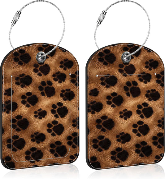 Brown Black Animal Print Paw Prints Leather Luggage Tag for Suitcase 2 Pack Luggage Tag with Privacy Name ID Label and Stainless Steel Loop for Travel Bag Suitcase