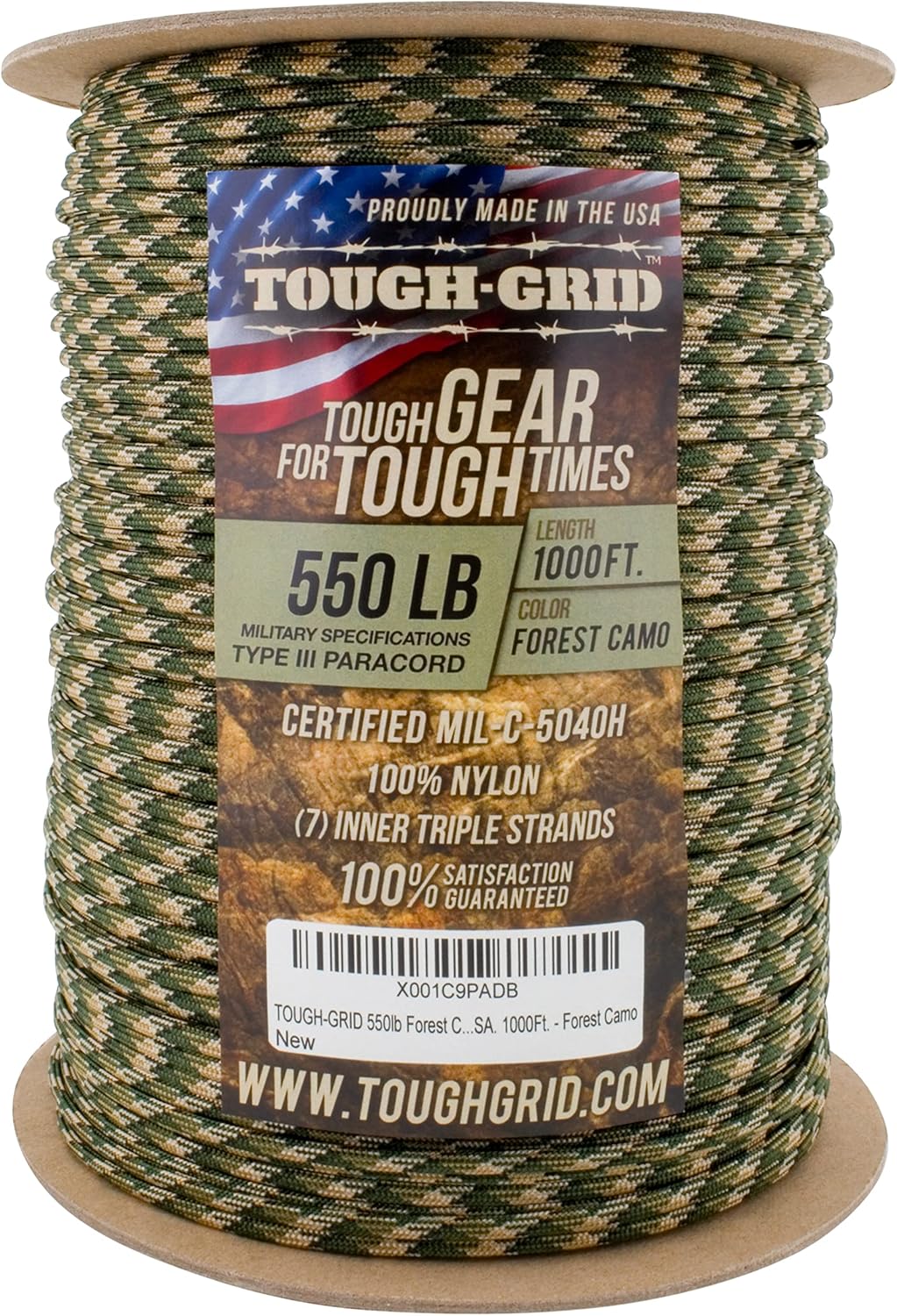TOUGH-GRID 550 Paracord Rope Nylon Parachute Cord, Made in USA Survival Kit, Outdoor Adventures, Camping, Tactical Gear & Emergency Supplies, Military Type III Mil-Spec