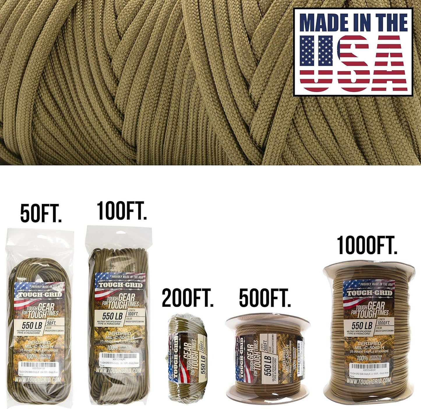 TOUGH-GRID 550 Paracord Rope Nylon Parachute Cord, Made in USA Survival Kit, Outdoor Adventures, Camping, Tactical Gear & Emergency Supplies, Military Type III Mil-Spec