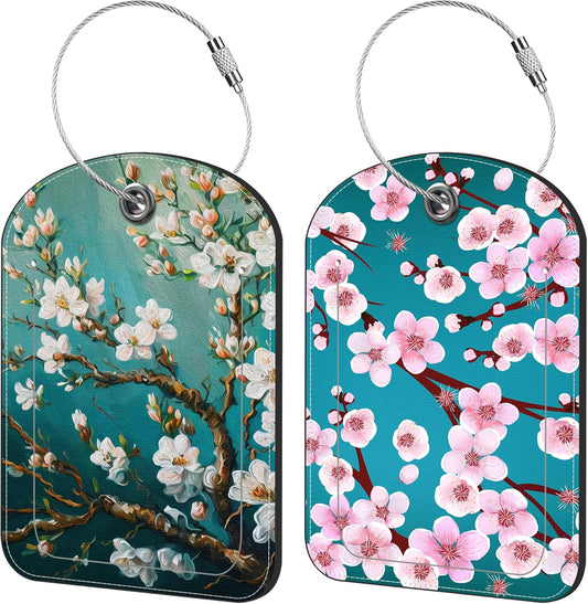 Blossoming Almond Tree Luggage Tag for Suitcase Set of 2 PU Leather Cute Luggage Tags with Stainless Metal Loop ID Label Privacy Flap Suitcase Tags for Women and Men Travel