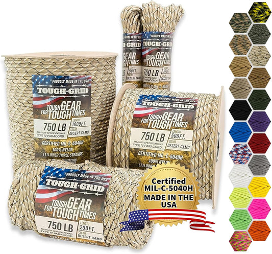 TOUGH-GRID 750 Paracord Rope Nylon Parachute Cord, Made in USA Survival Kit, Outdoor Adventures, Camping, Tactical Gear & Emergency Supplies, Military Type IV Mil-Spec