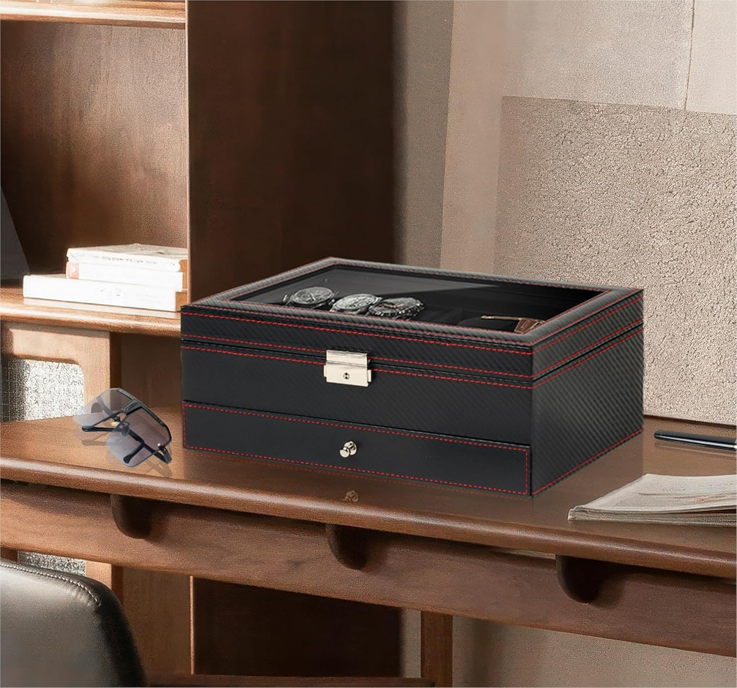 Watch Jewelry Box Organizer, 6-Slot 2-Layer Watch Case and Sunglasses Storage with Large Glass Lid, Men's Jewelry Box with Lock, Watch Holder Display Case, Gift for Men Women