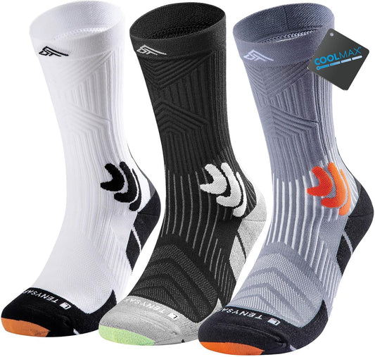Men's Compression Running Socks: Coolmax Athletic Crew Socks Moisture Wicking Anti-Blister Cushion for Hiking 3 Pairs