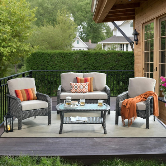 HOOOWOOO Patio Furniture Set,4 Pieces Outdoor Conversation Set,All Weather Wicker Loveseat Sofa Set with High Back Chairs Table,Beige