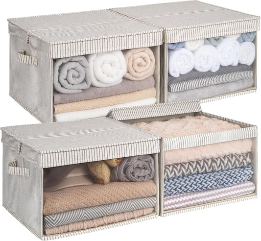 StorageWorks Storage Bins with Lid and Clear Window, Fabric Storage Boxes with Lids, Stackable Basket for Shelves, Closet Organizer and Storage Bins, Khaki and Beige Stripes, Jumbo, 4-Pack