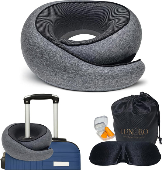Upgraded Memory Foam Travel Neck Pillow for Airplane – New Ergonomic Wrap-Around Design with Adjustable Strap, Washable Cover, Carry Bag & Sleep Mask – Premium Travel Essentials for Men & Women
