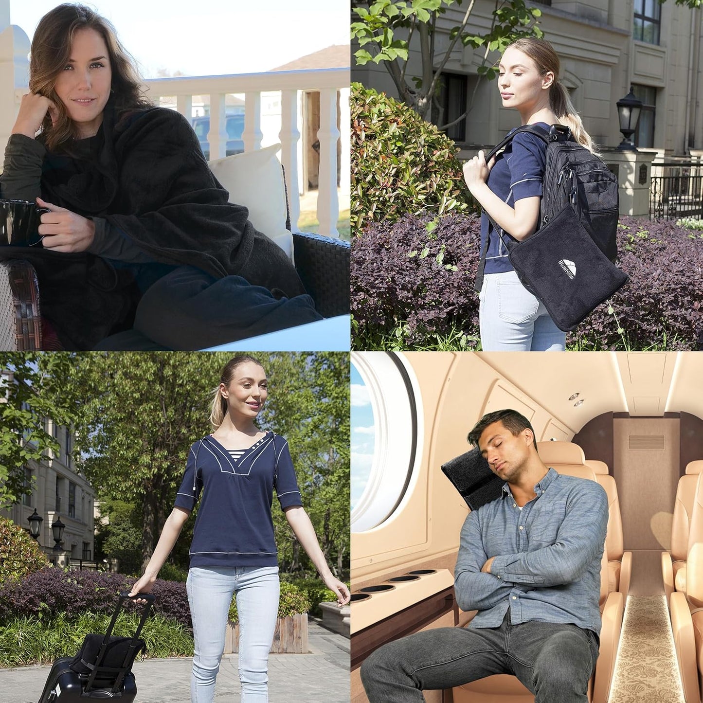 BlueHills Premium Soft Tall Travel Blanket Pillow Airplane Flight Blanket Long Throw in Bag Pillowcase with Backpack Clip Compact Large Long Traveling Essentials Portable Black T054