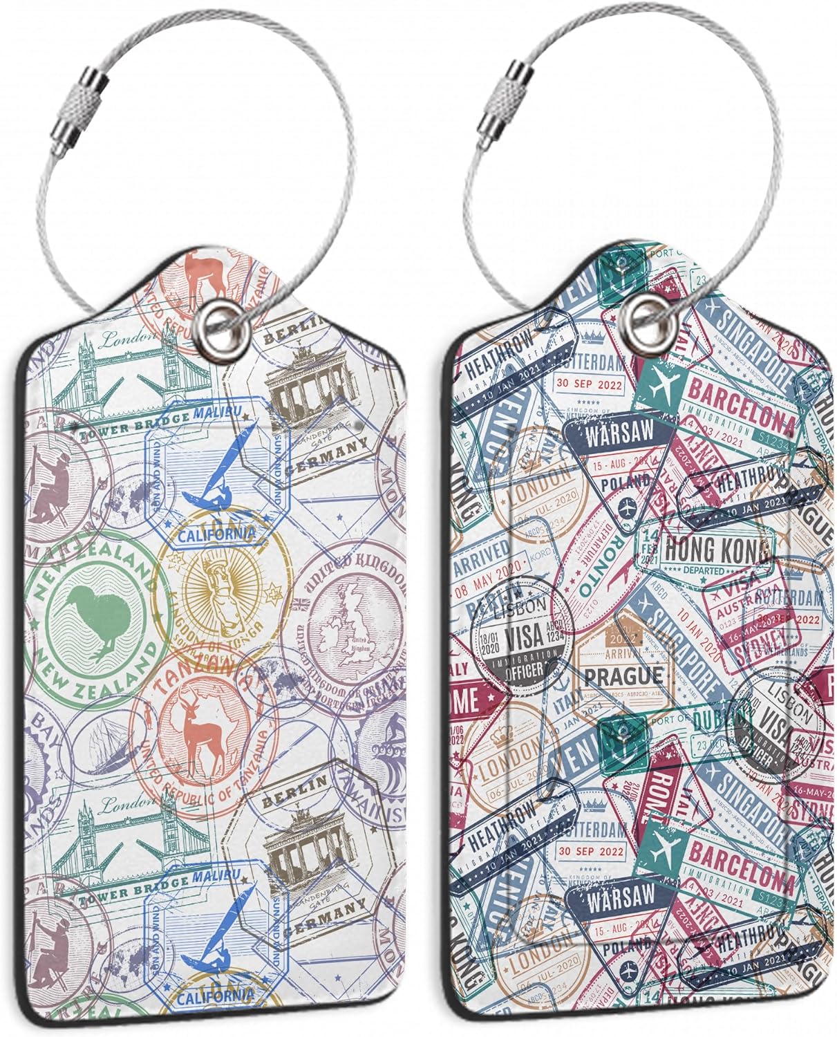 Travel Stamp,Travel Retro Labels Luggage Tags for Suitcases, 2 Pack Cute PU Leather Suitcase Tag Identifiers with Address Card for Baggage Tag
