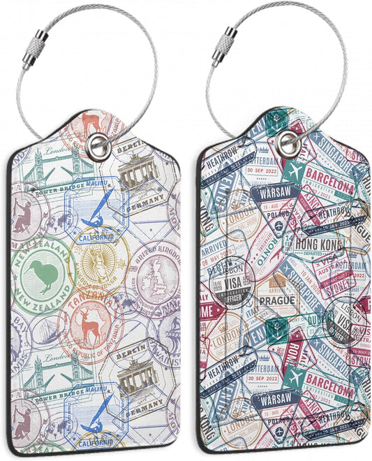 Travel Stamp,Travel Retro Labels Luggage Tags for Suitcases, 2 Pack Cute PU Leather Suitcase Tag Identifiers with Address Card for Baggage Tag