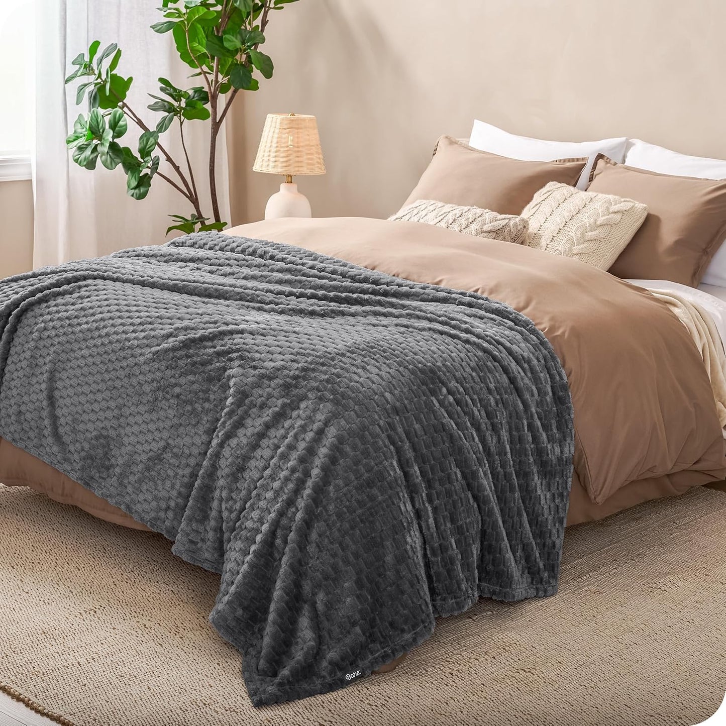 Bare Home Textured Fleece Blanket - King Size - Ultra-Soft Lightweight for Bed, Sofa, and Couch - Luxury Microplush - Cozy Warm Blanket (King, Waffle Grey)