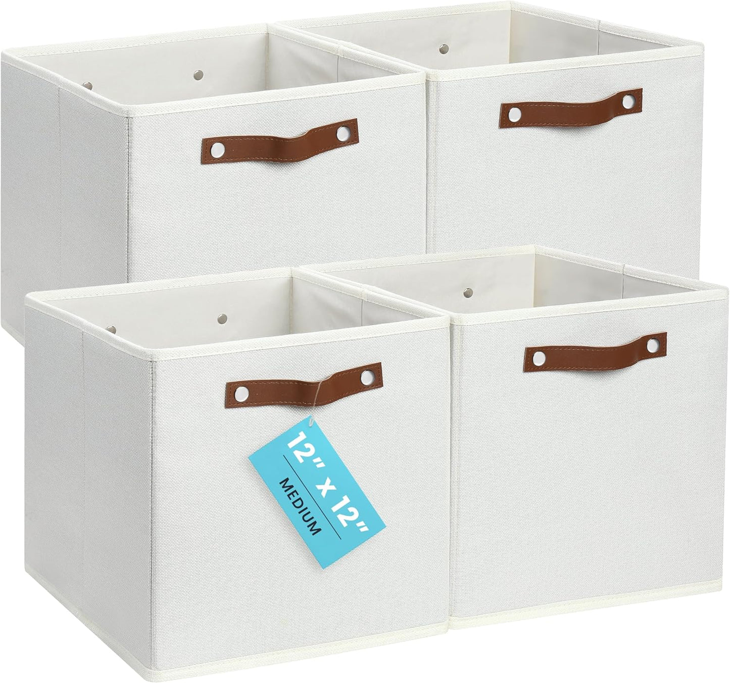 OrganiHaus White 12x12 Fabric Storage Bins - Set of 4, Cube Fabric Organizer Bins with Vegan Handles, Kallax Storage Cubes, Cubbies Organizer Boxes, 12Inch Cubic Baskets for Shelves