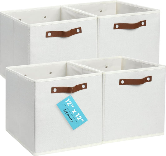 OrganiHaus White 12x12 Fabric Storage Bins - Set of 4, Cube Fabric Organizer Bins with Vegan Handles, Kallax Storage Cubes, Cubbies Organizer Boxes, 12Inch Cubic Baskets for Shelves