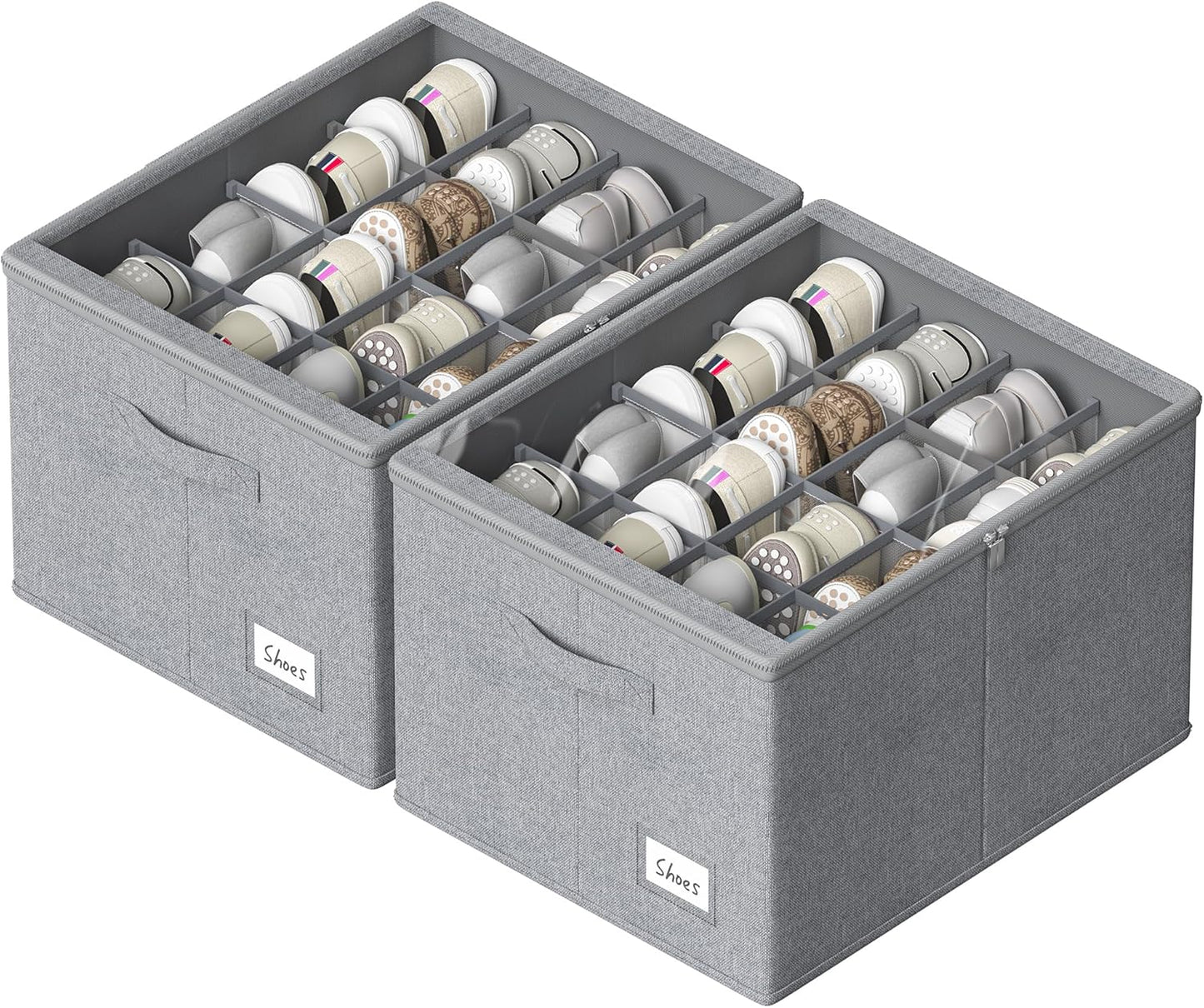 Shoe Organizer for Closet, 2 Pack Sturdy Shoe Storage Bins with Clear Cover, Fits 16-32 Pairs, Foldable Shoe Storage Box with Reinforced Handles (Grey, 19.7 * 15.7 * 12.6in)