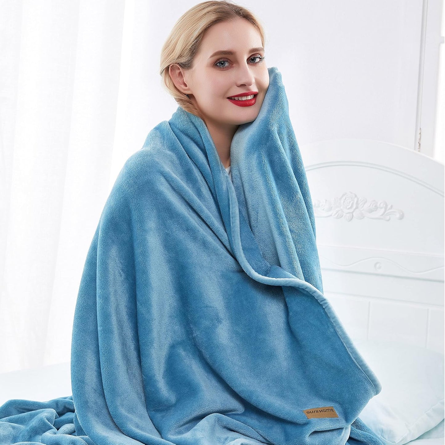 Surii Home Luxury Microfiber Flannel Blanket, Super Soft, Warm, Cozy, Fluffy, and Breathable, Perfect Throws for Bed, Couch, Sofa, for All Season Use. 350GSM Queen Size 90x90 Inches(Sky Blue)