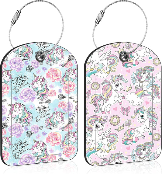 2 Pack PU Luggage Tags for Suitcase, Cute Unicorns Suitcase Tag Leather ID Label Bag Tags with Privacy Cover and Metal Loop for Men Women Travel Bag
