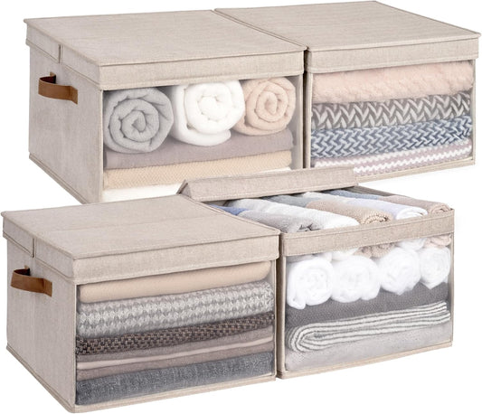 StorageWorks Storage Bins with Lid and Clear Window, Fabric Storage Boxes with Lids, Stackable Basket for Shelves, Closet Organizer and Storage Bins, Brown and Beige, Jumbo, 4-Pack