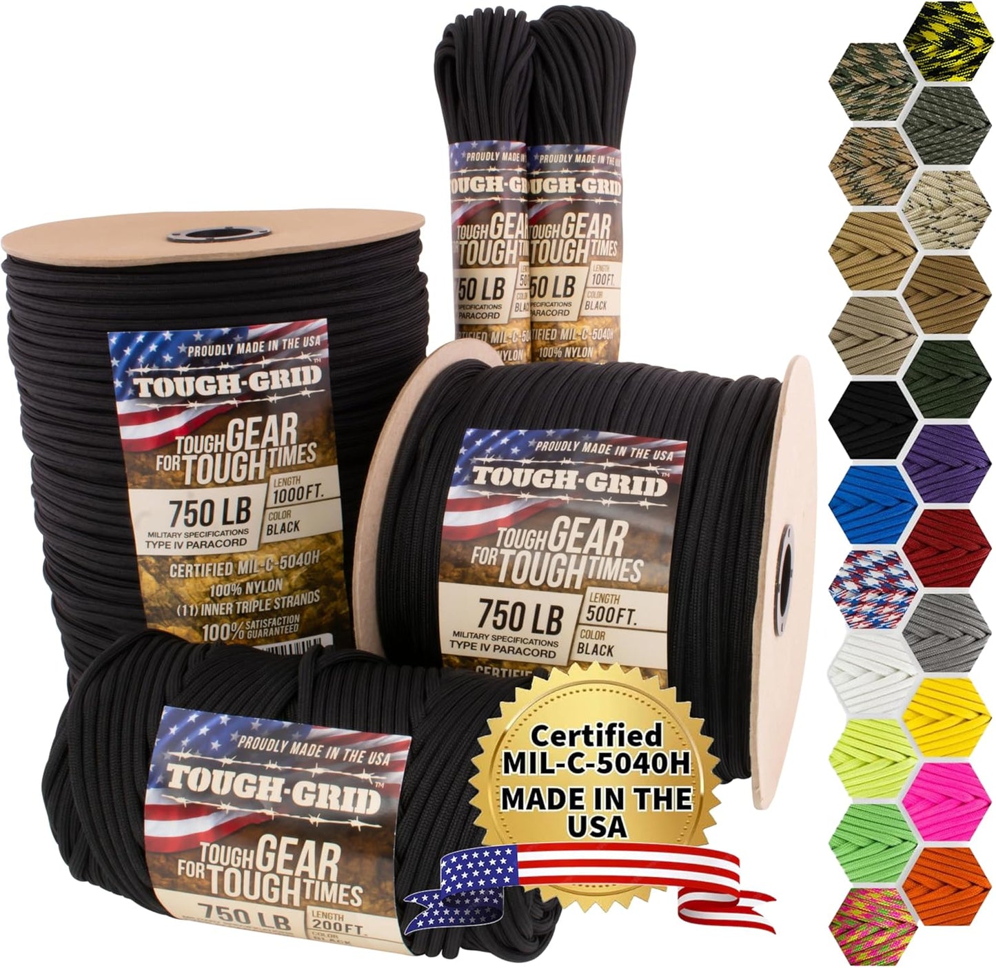 TOUGH-GRID 750 Paracord Rope Nylon Parachute Cord, Made in USA Survival Kit, Outdoor Adventures, Camping, Tactical Gear & Emergency Supplies, Military Type IV Mil-Spec