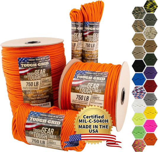 TOUGH-GRID 750 Paracord Rope Nylon Parachute Cord, Made in USA Survival Kit, Outdoor Adventures, Camping, Tactical Gear & Emergency Supplies, Military Type IV Mil-Spec