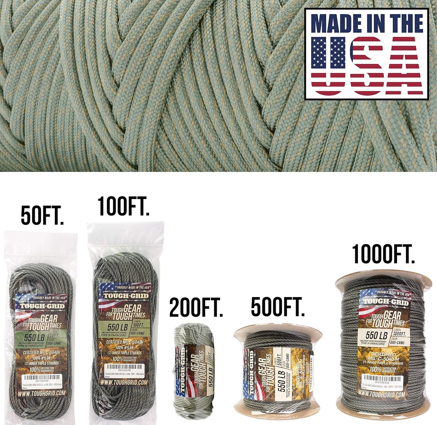 TOUGH-GRID 550 Paracord Rope Nylon Parachute Cord, Made in USA Survival Kit, Outdoor Adventures, Camping, Tactical Gear & Emergency Supplies, Military Type III Mil-Spec