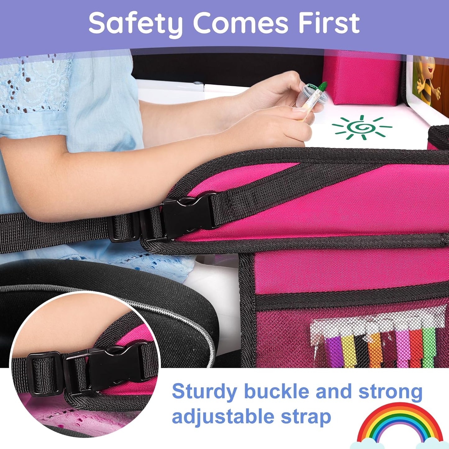 2Pcs ‎Kids Travel Tray, Kids Travel Trays for Car Seat, Road Trip Essentials for Toddler, Carseat Lap Tray with Dry Erase Board & Storage Organizer for Road Trip Activities for Kid, Pink