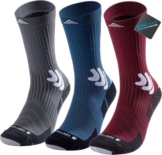 Men's Compression Running Socks: Coolmax Athletic Crew Socks Moisture Wicking Anti-Blister Cushion for Hiking 3 Pairs