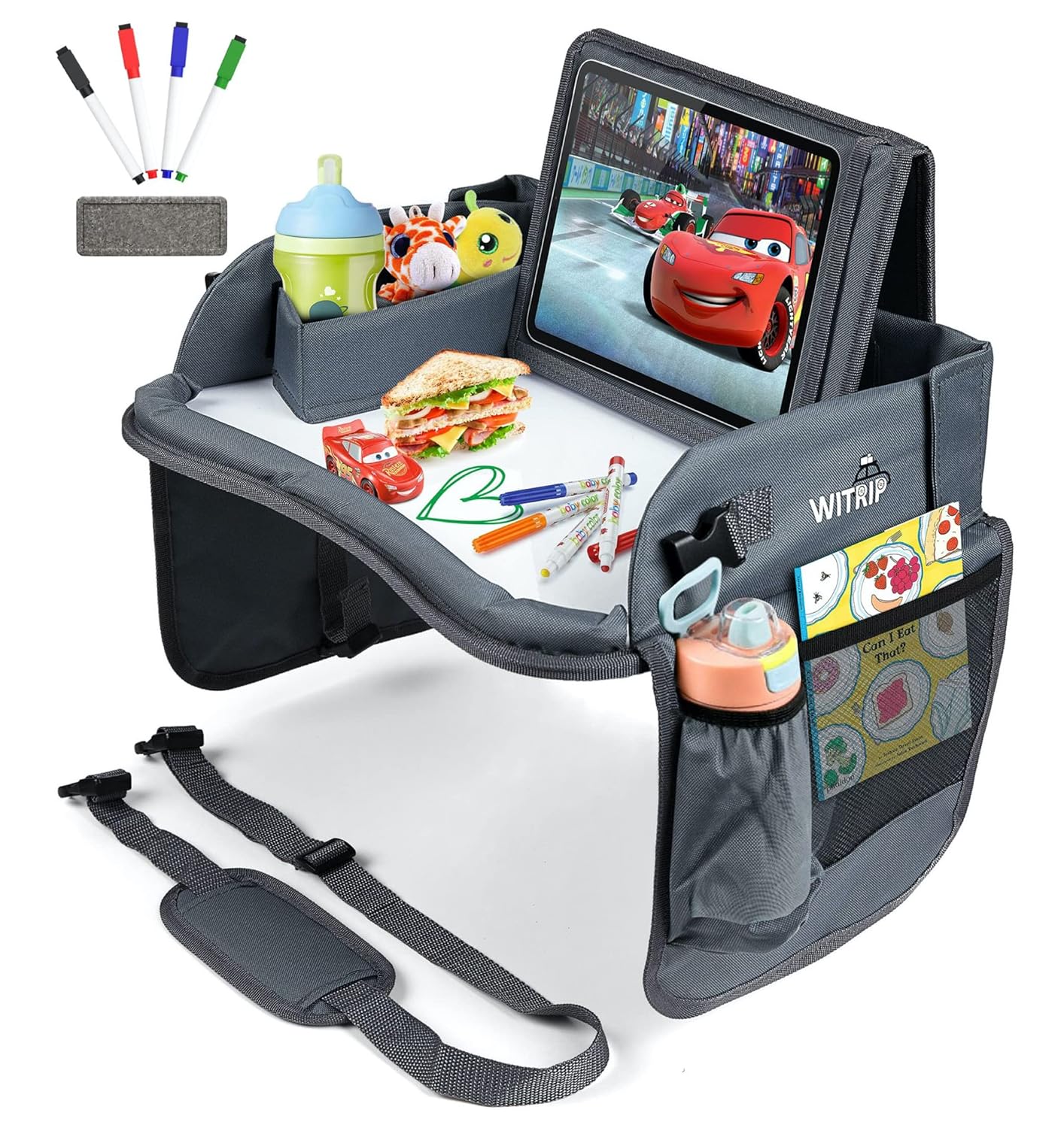 Kids Travel Tray with Dry Erase Board, Travel Tray for Kids Car Seat, Carseat Table Trays for Toddler, Kid Activity Desk for Air Travel, No-Drop Tablet Holder & Borders (All Grey)
