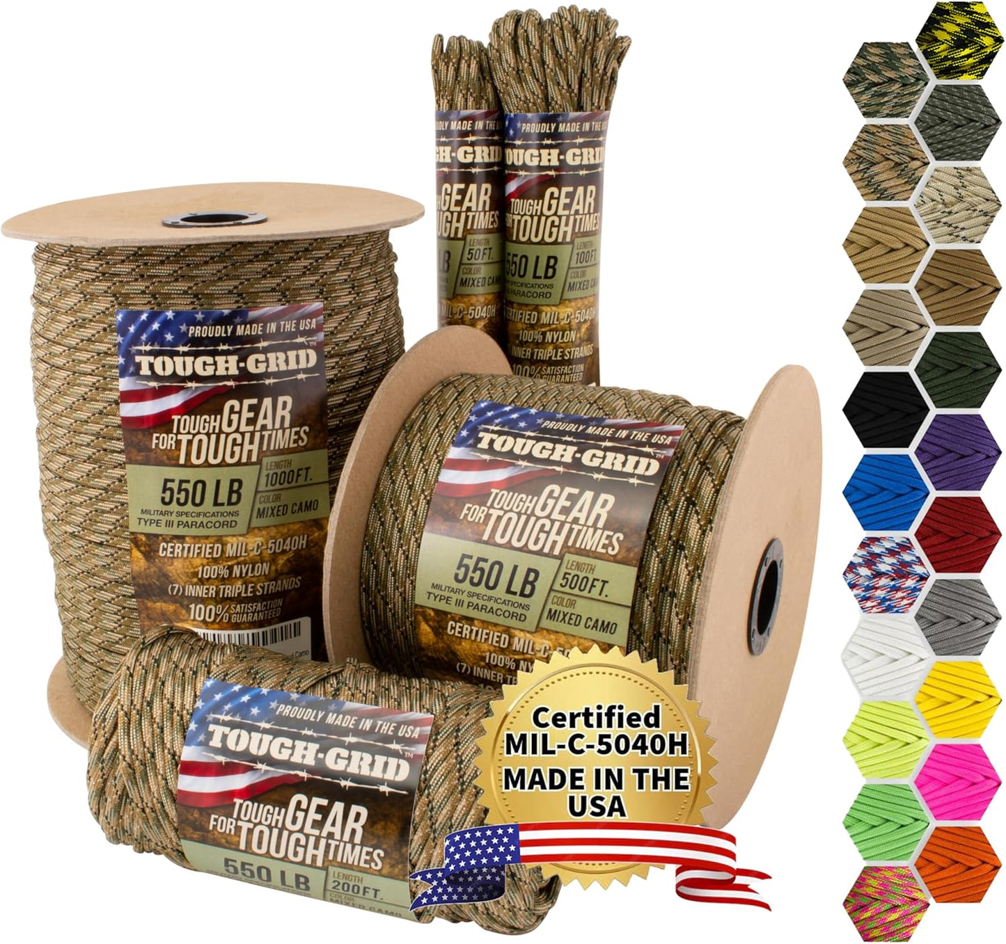 TOUGH-GRID 550 Paracord Rope Nylon Parachute Cord, Made in USA Survival Kit, Outdoor Adventures, Camping, Tactical Gear & Emergency Supplies, Military Type III Mil-Spec