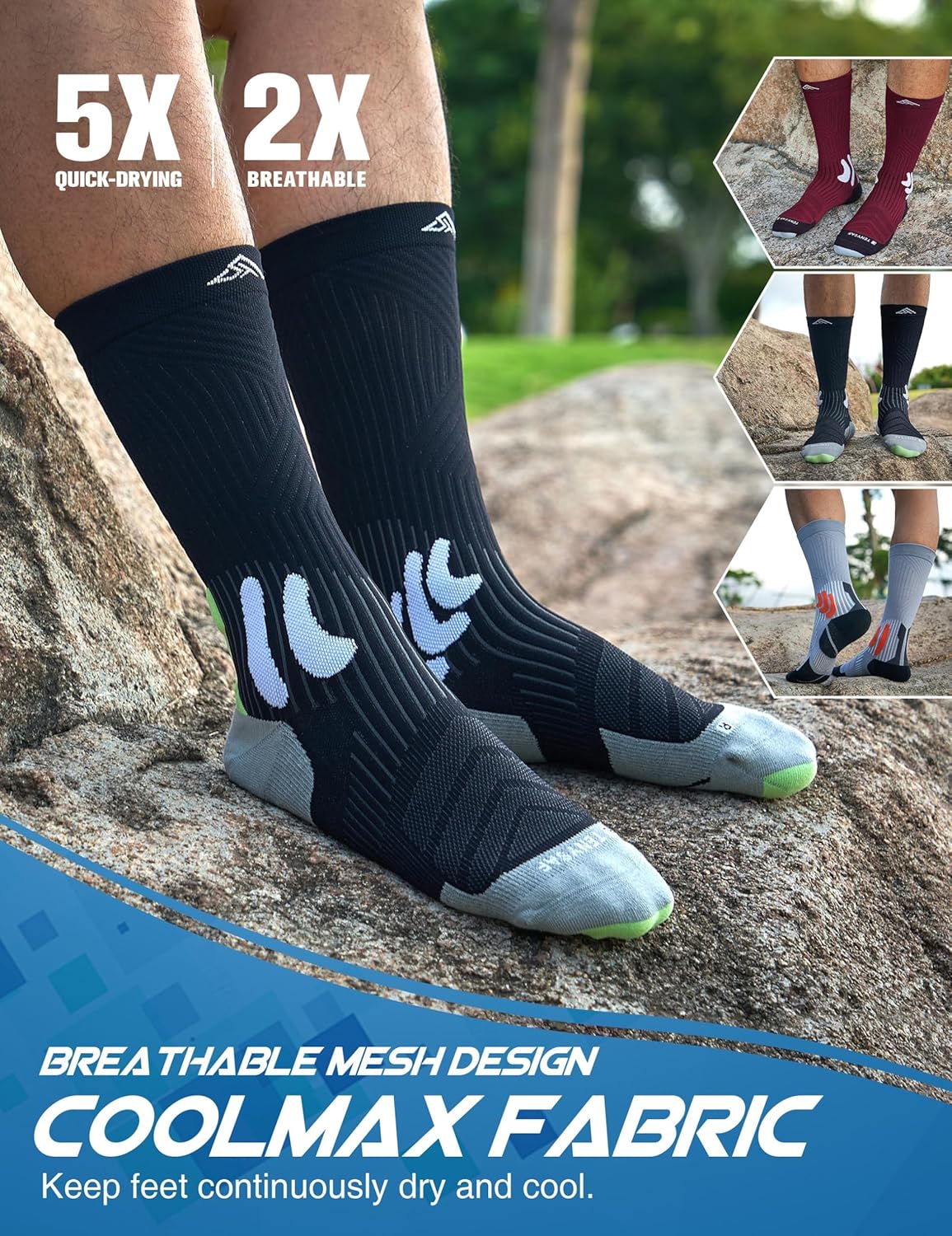 Men's Compression Running Socks: Coolmax Athletic Crew Socks Moisture Wicking Anti-Blister Cushion for Hiking 3 Pairs