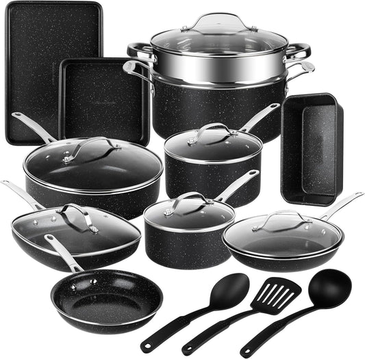Granitestone 20 Pc Ceramic Cookware Set Nonstick, Complete Pots and Pans Set Non Stick for Kitchen with Bakeware, Cooking Utensils & Steamer, Non Toxic Made Without PFOA PFOS, Oven & Dishwasher Safe