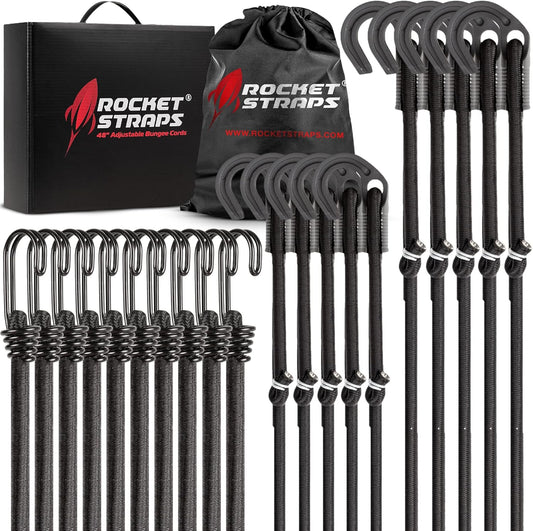 Rocket Straps - Ultimate Adjustable Outdoor Bungee Cord Assortment - Heavy Duty Set of 20 Bungee Cords (36") Double-J Hooks - Elastic Straps for Camping, Securing, and DIY Multipurpose