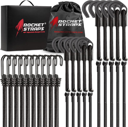 Rocket Straps - Ultimate Adjustable Outdoor Bungee Cord Assortment - Heavy Duty Set of 20 Bungee Cords (48") Double-J Hooks - Elastic Straps for Camping, Securing, and DIY Multipurpose