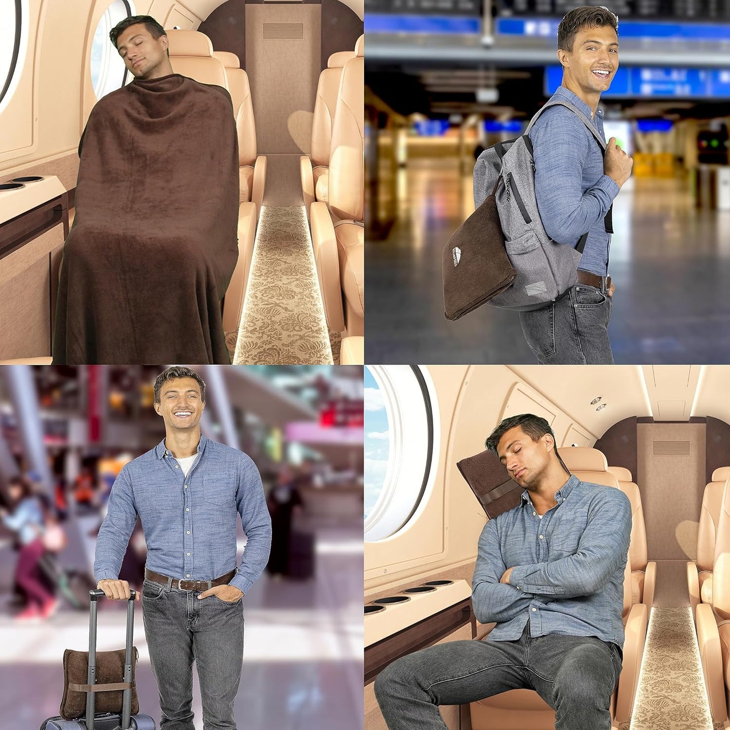 BlueHills Premium Soft Travel Blanket Pillow Airplane Blanket Soft Bag Pillow case with Hand Luggage Belt and Backpack Clip Compact Pack Large Portable Throw Air Plane Flight Travel (Brown T009)