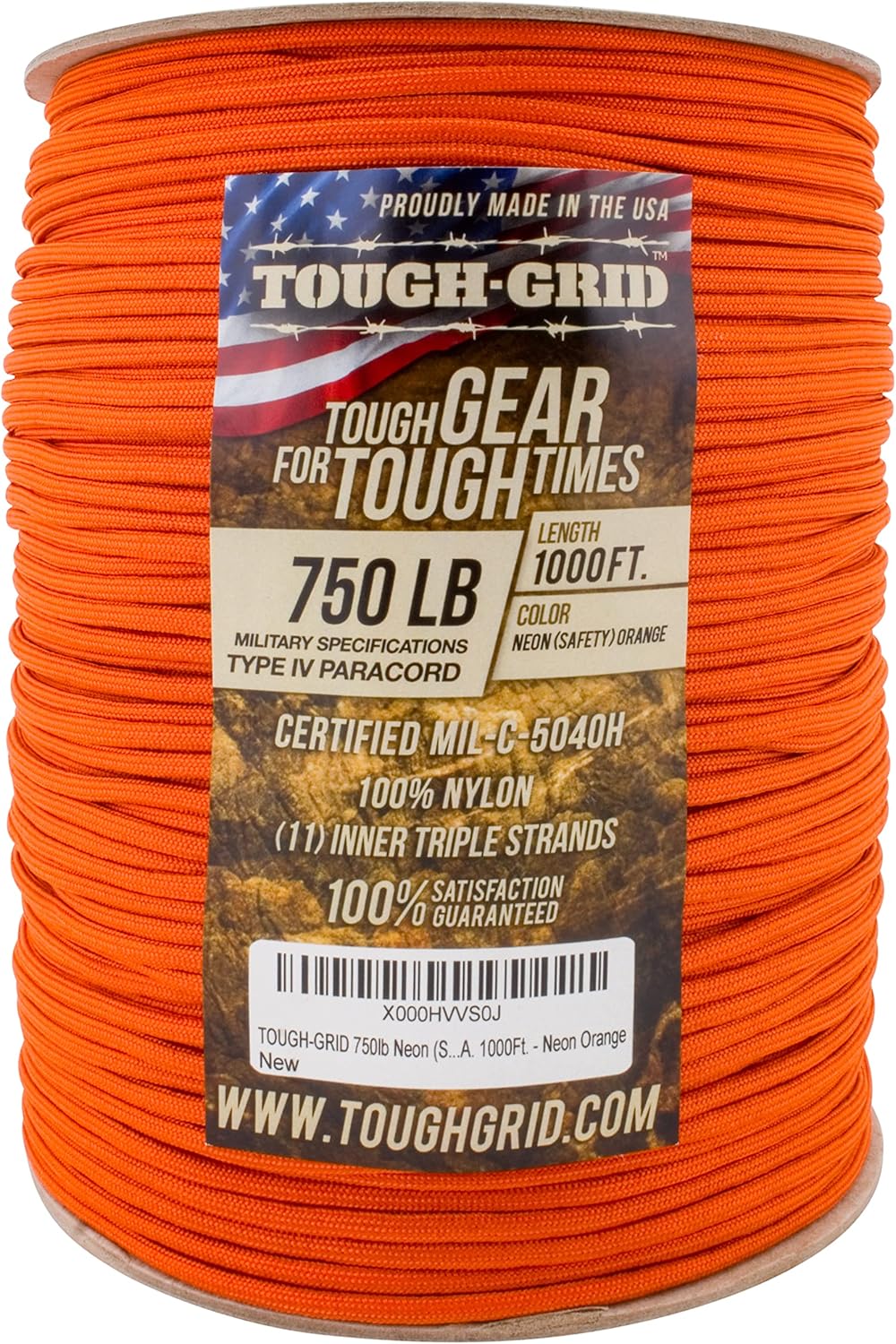 TOUGH-GRID 750 Paracord Rope Nylon Parachute Cord, Made in USA Survival Kit, Outdoor Adventures, Camping, Tactical Gear & Emergency Supplies, Military Type IV Mil-Spec