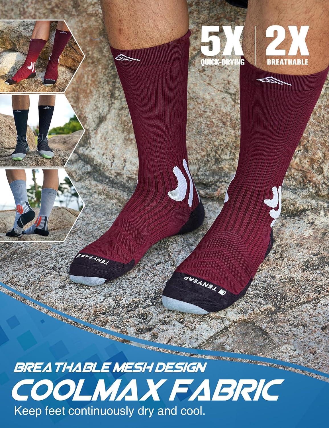 Men's Compression Running Socks: Coolmax Athletic Crew Socks Moisture Wicking Anti-Blister Cushion for Hiking 3 Pairs